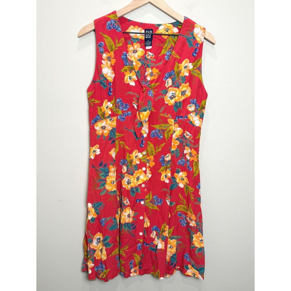VTG 90s Gap M Dress Red Floral Sleeveless Tie Front Button Up Mini Flare Dress